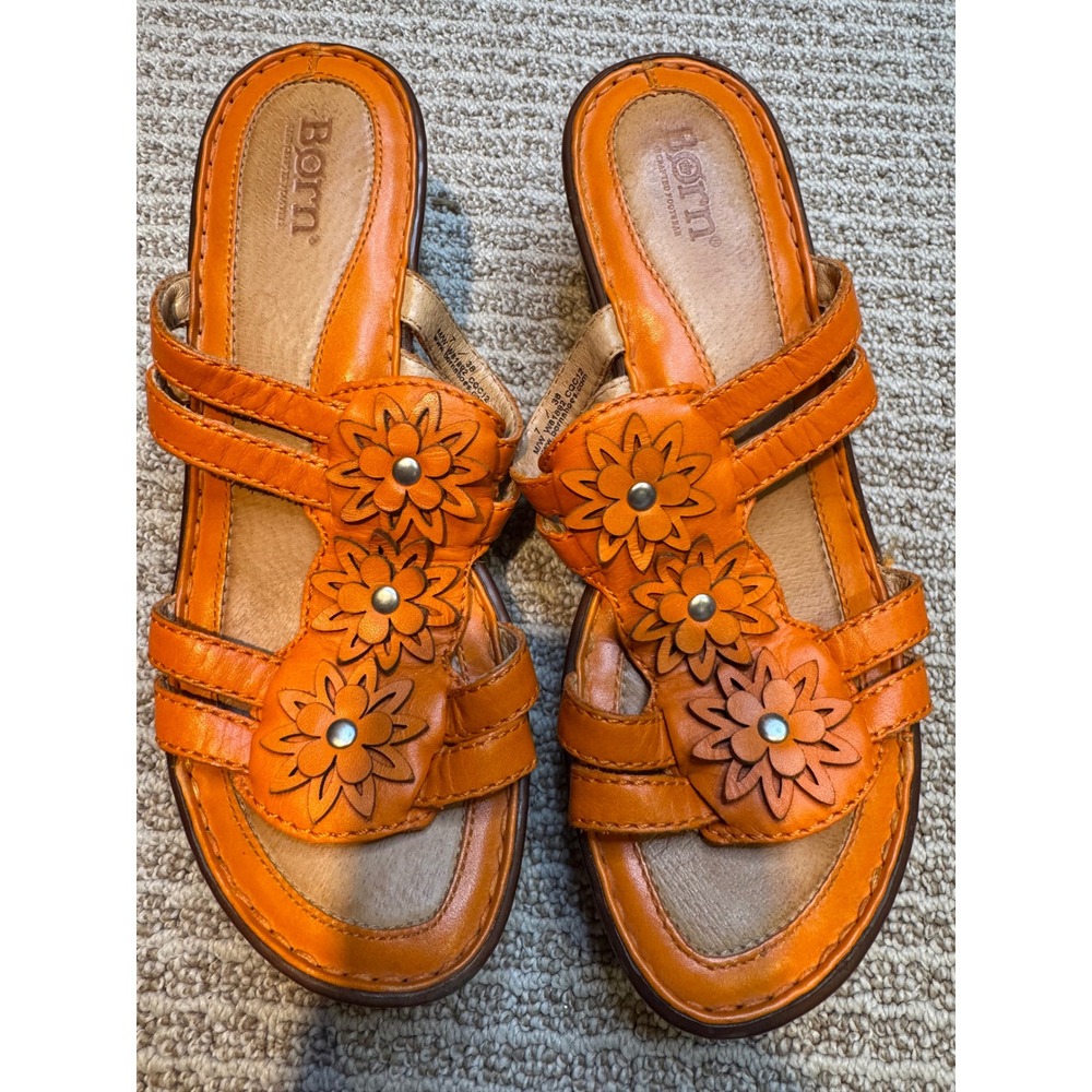 Born Orange Leather Flower Wedge Sandals Women US Size 7 EU 38